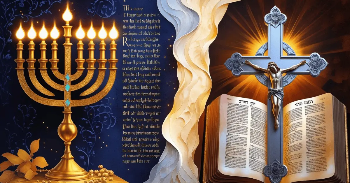 Menorah and cross side by side representing salvation in Judaism vs Christianity