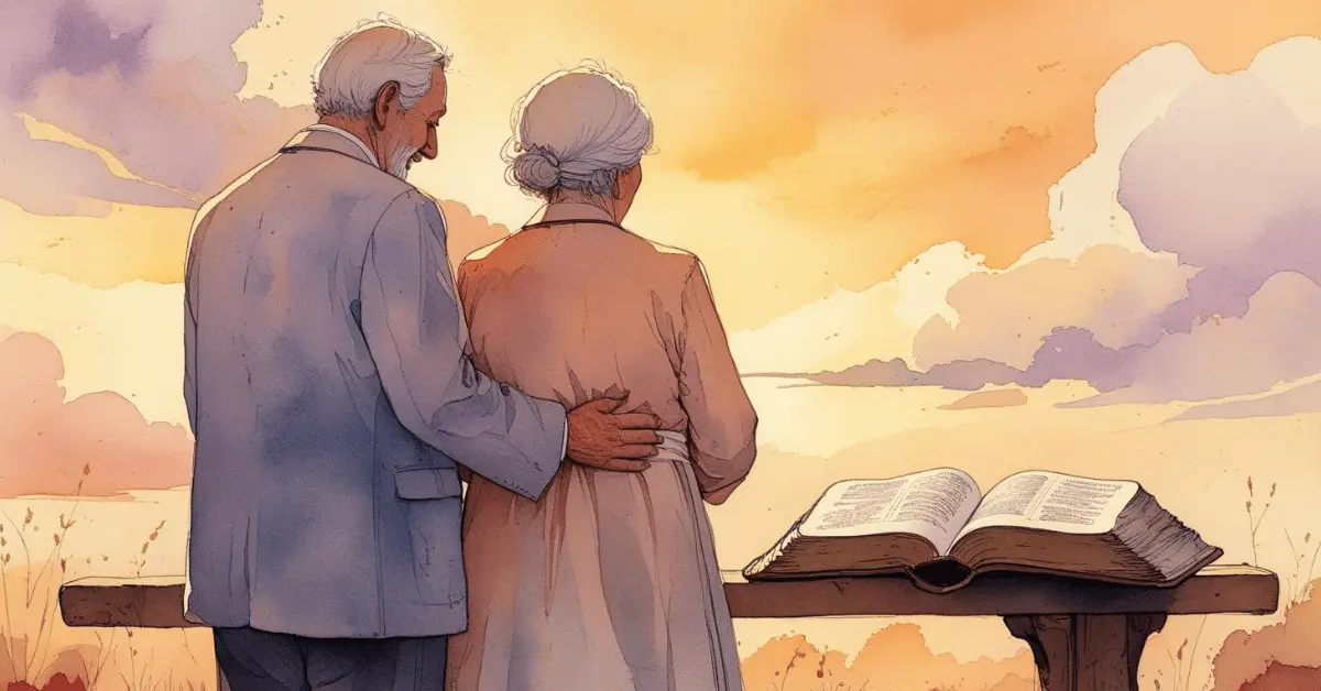 Christian couple holding hands with an open Bible under a sunset, symbolizing true love according to scripture