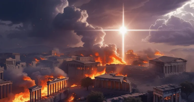 An ancient city burning under a dark sky, representing the destruction of Sodom and Gomorrah and God’s judgment in the Bible