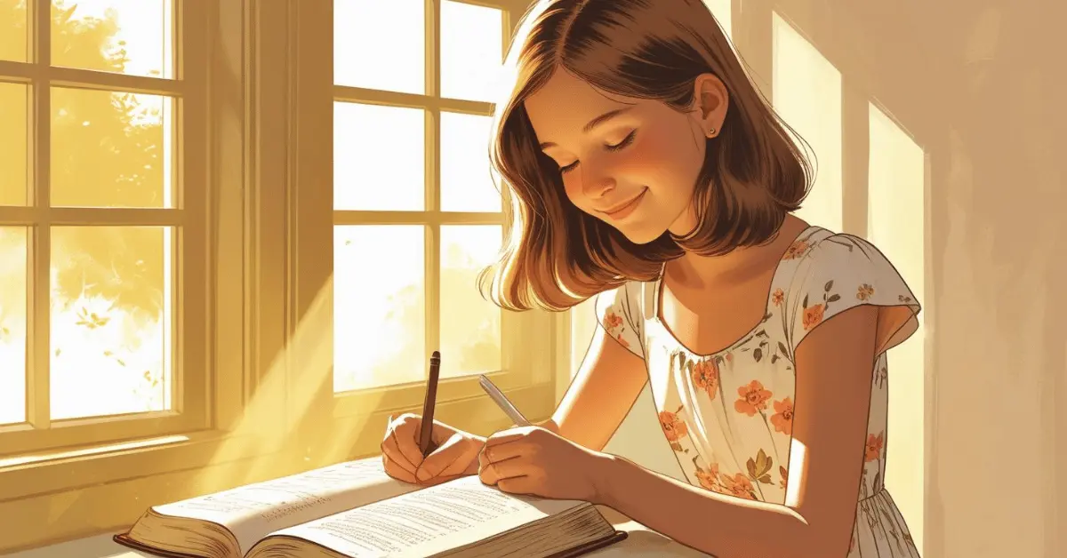 Teenage girl reading the Bible daily while journaling by a window