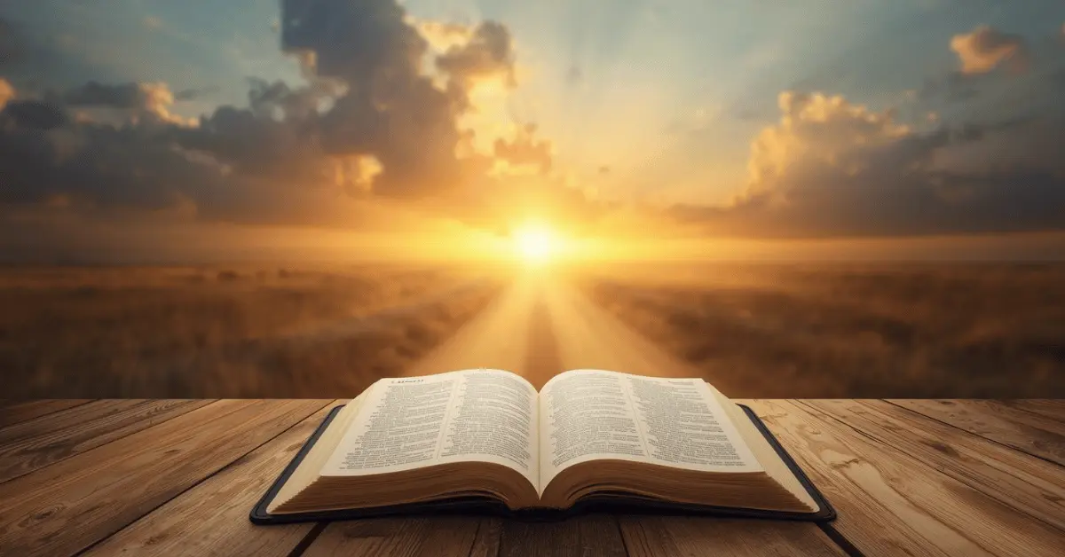 Open Bible with John 8:32 highlighted, sunlight breaking through clouds symbolizing freedom in Christ