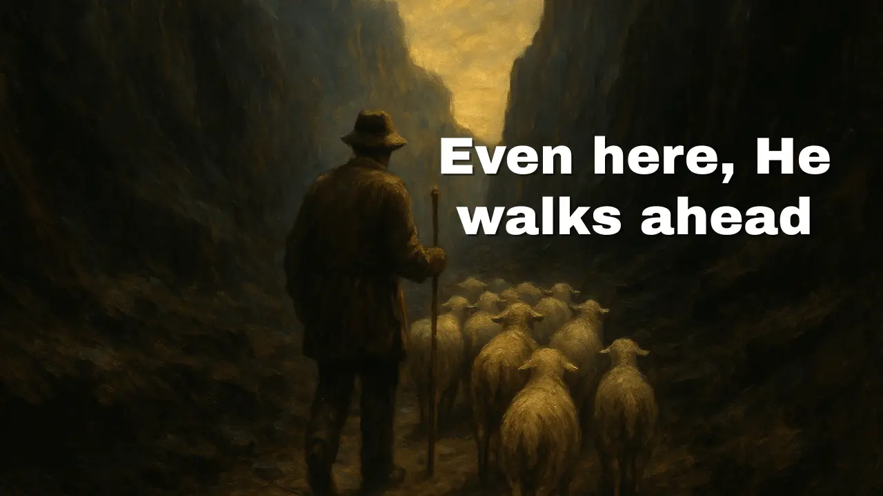 A shepherd leads his flock through a dark mountain valley toward a soft light ahead, symbolizing Psalm 23:4 — walking without fear because the Shepherd is near