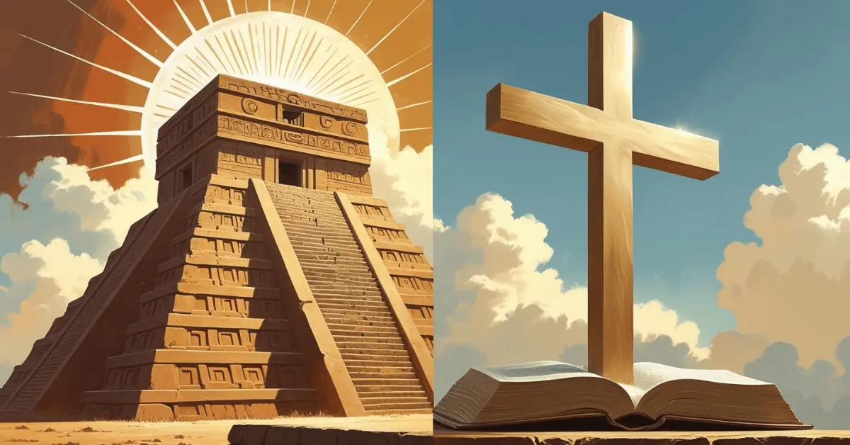 Visual comparison of Toltec wisdom and Christianity, showing an ancient Toltec pyramid and a Christian cross with a Bible side by side