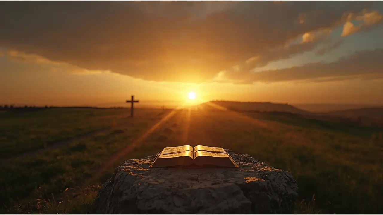 Two winding paths converging under a single beam of golden light — symbolizing unity between Catholic and Protestant faiths