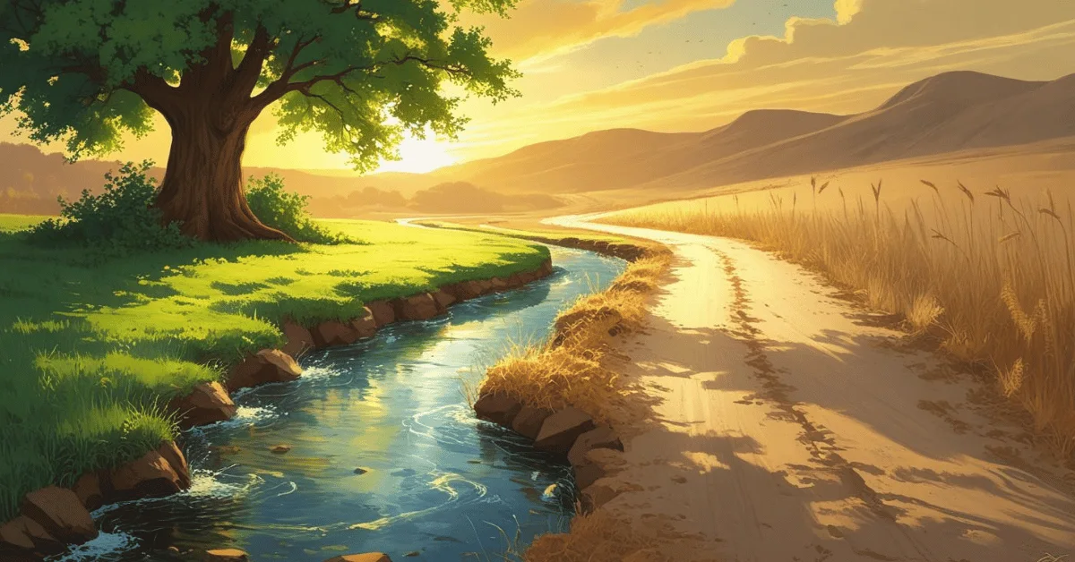 Illustration of two diverging paths in a peaceful landscape, one leading to a flourishing tree by a stream and the other fading into dry chaff blowing in the wind, symbolizing Psalm 1’s warning