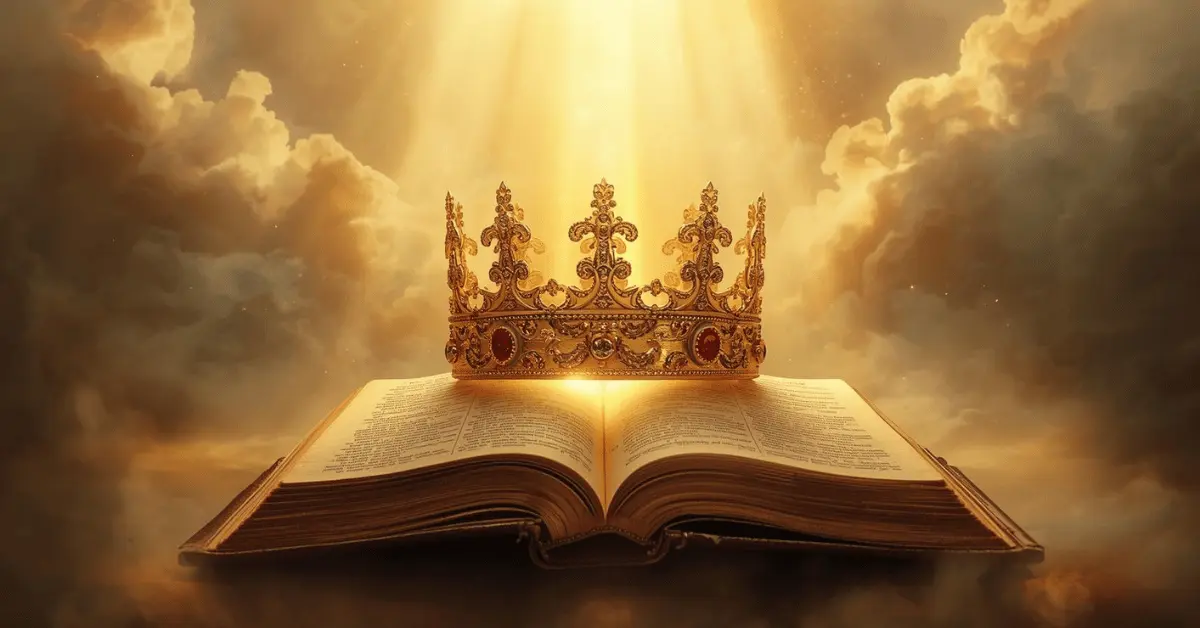 Golden crown resting on an open Bible with light shining from heaven, symbolizing the eternal crowns in the Bible