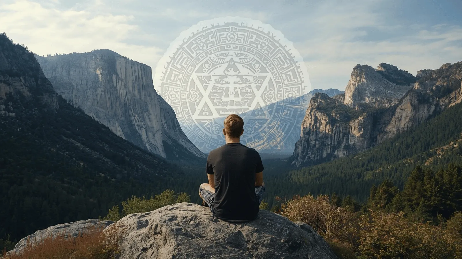 Person meditating in nature with Toltec symbols in the background