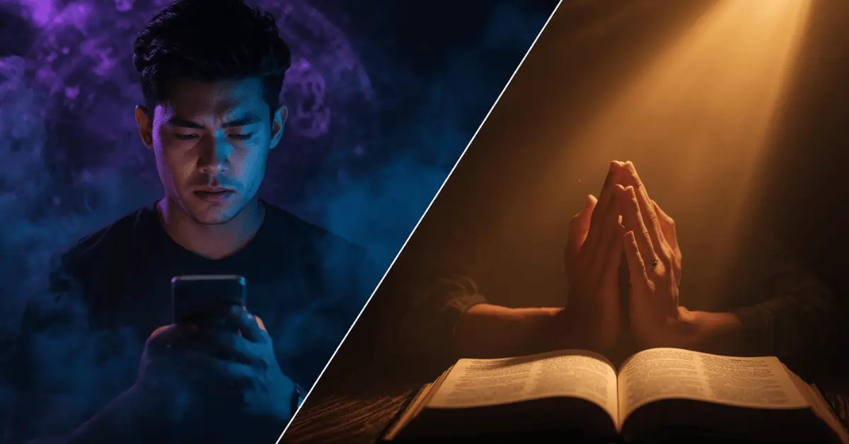 image showing zodiac symbols on one side and an open Bible with light shining on it on the other side, symbolizing astrology versus God’s Word