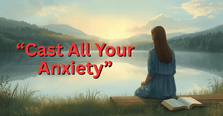 A peaceful person praying by a calm lake at sunrise, symbolizing casting all anxiety on God from 1 Peter 5:7