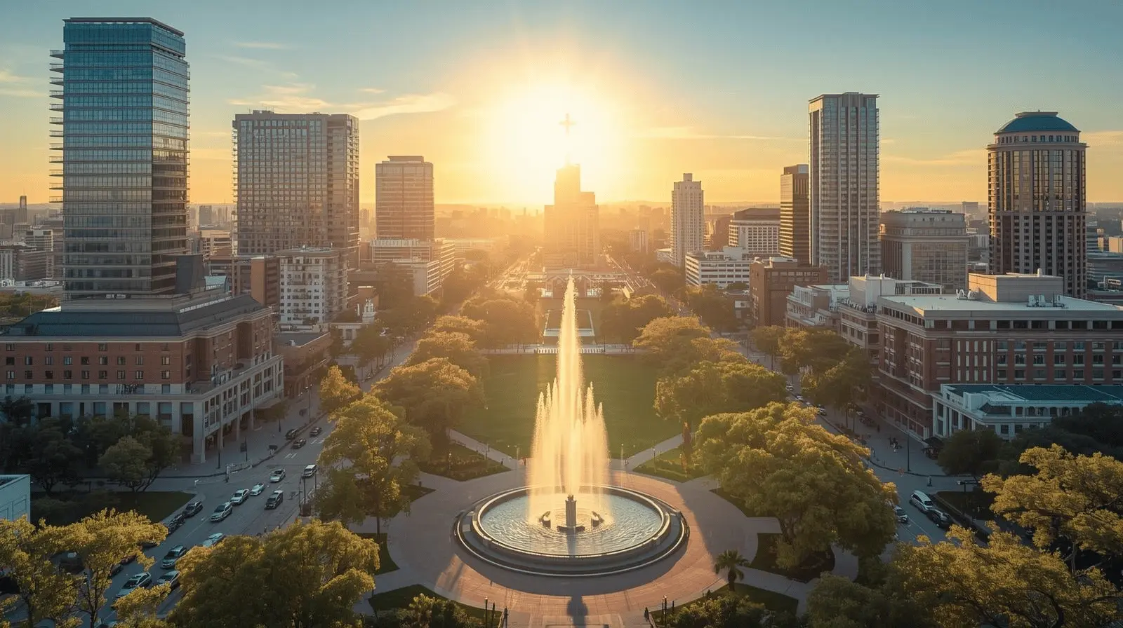 A modern city skyline with a fountain in the foreground, representing God’s righteousness in today’s world.