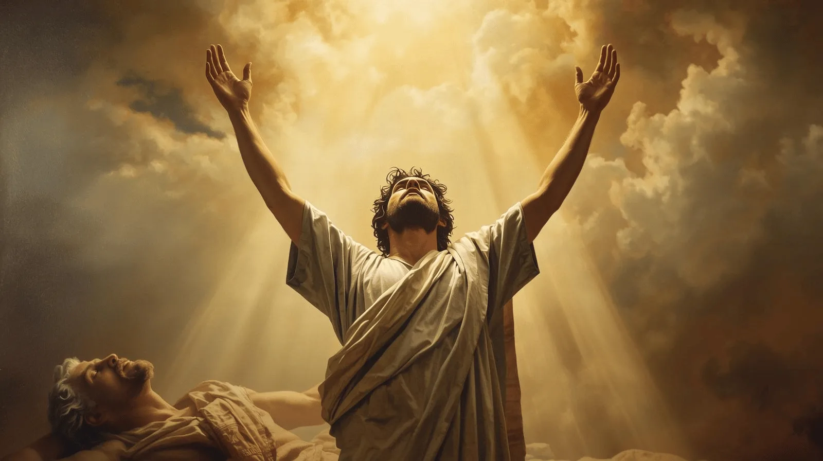 David raising his sling in victory, pointing glory back to God after defeating Goliath.