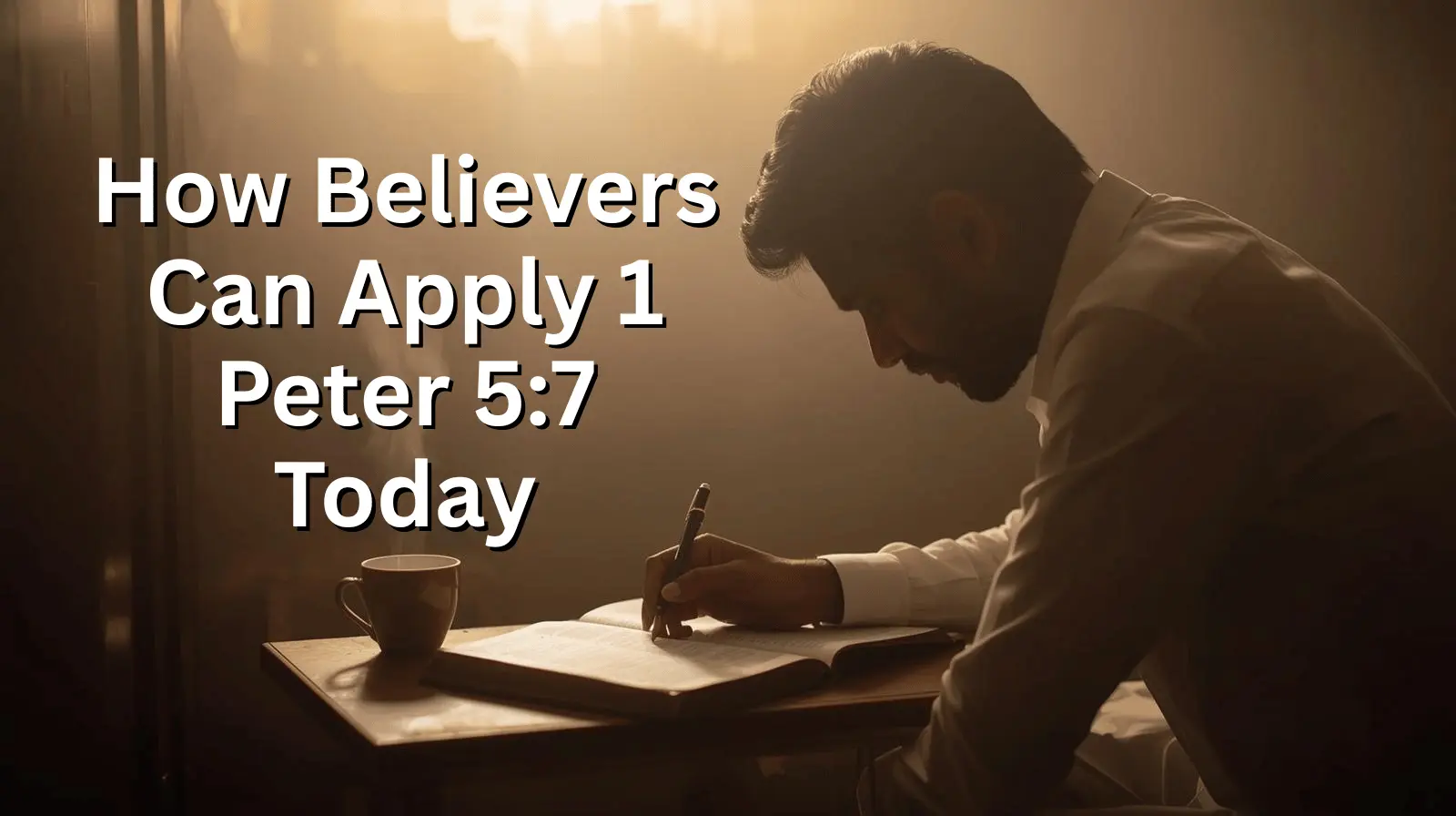 Christian woman praying with a journal and Bible in a quiet home setting, applying 1 Peter 5:7 in daily life