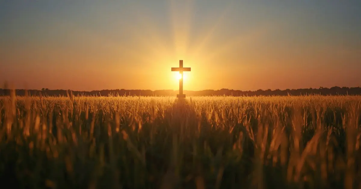 A glowing cross shining in the distance over a calm field, symbolizing God’s presence as the source of peace and strength