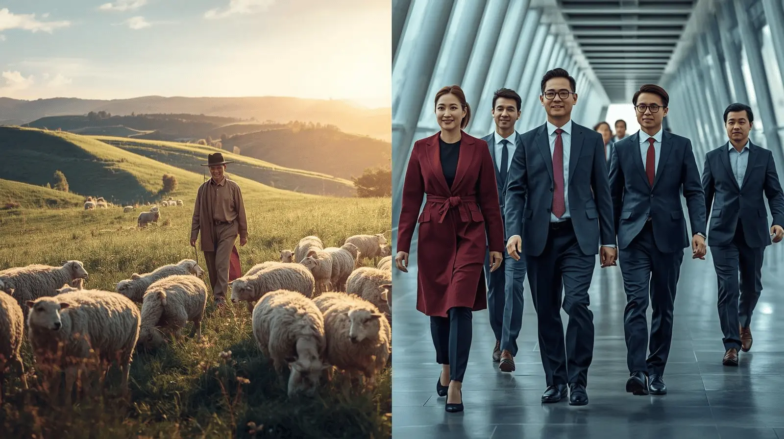A business leader guiding a diverse team, symbolized through shepherd imagery