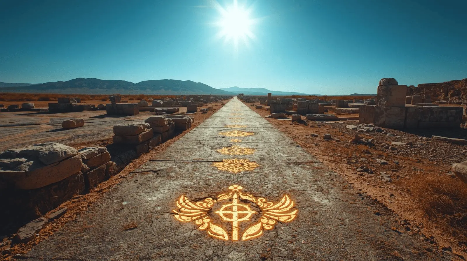 Pathway leading through desert ruins symbolizing the Toltec spiritual journey