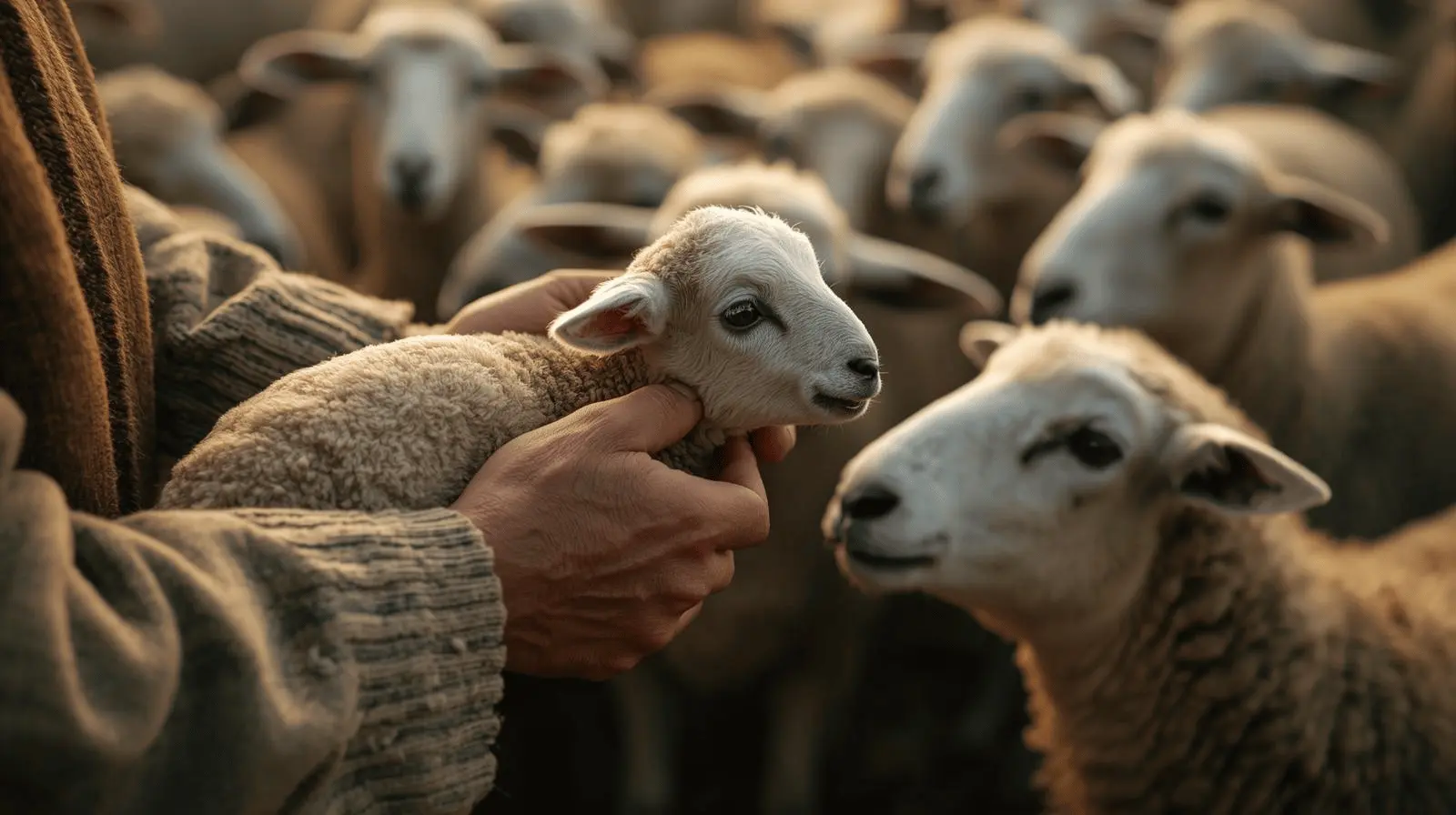A flock of sheep attentively following a shepherd’s voice in an open meadow