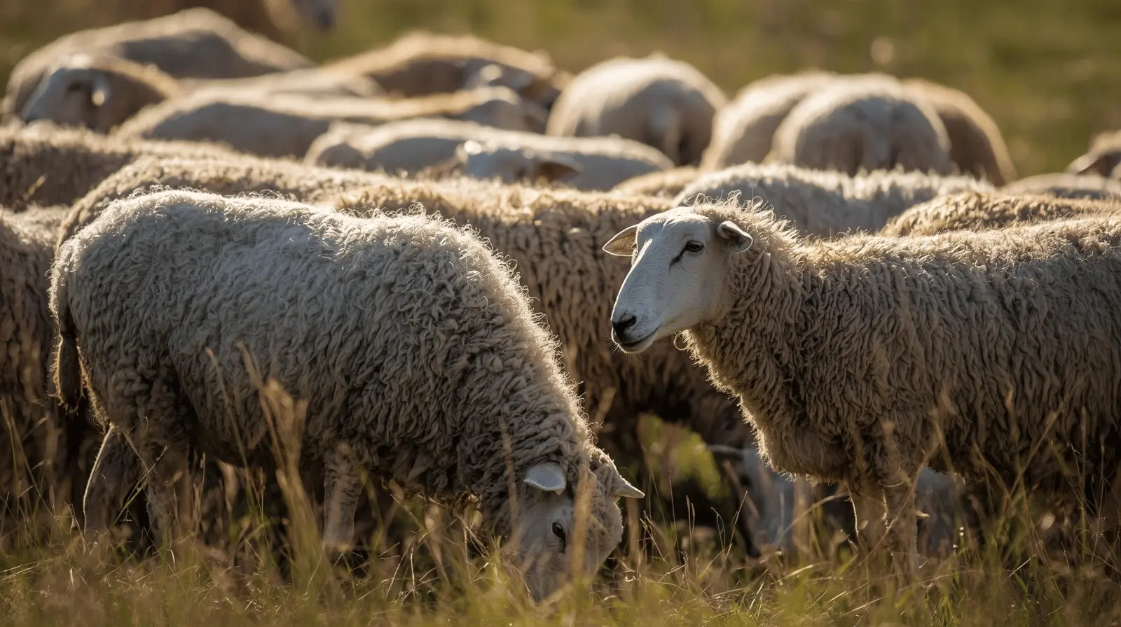 A group of sheep grazing peacefully on green hills with clear sky in the background