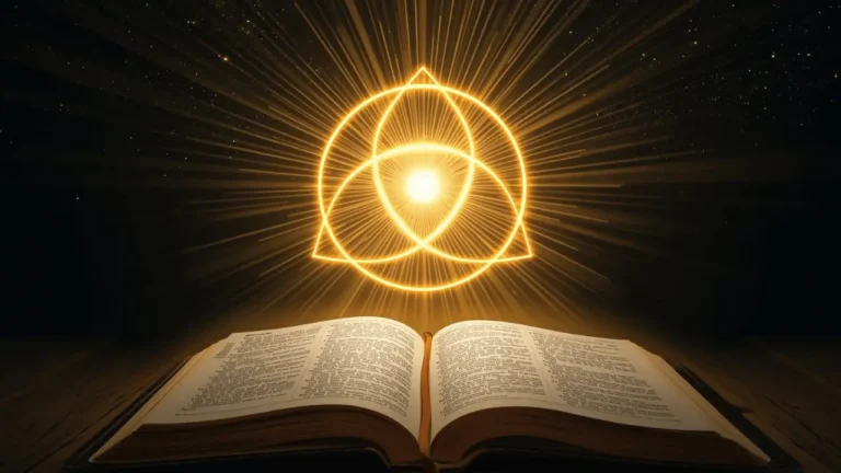 Three radiant circles overlapping in golden light, forming a sacred Trinity pattern above an open Bible