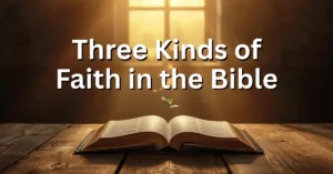 Open Bible on a wooden table with light shining through a cross-shaped window, symbolizing different types of faith—saving faith, living faith, and little faith