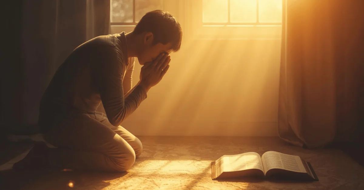 A person praying with folded hands in soft morning light, symbolizing repentance, forgiveness, and spiritual renewal.