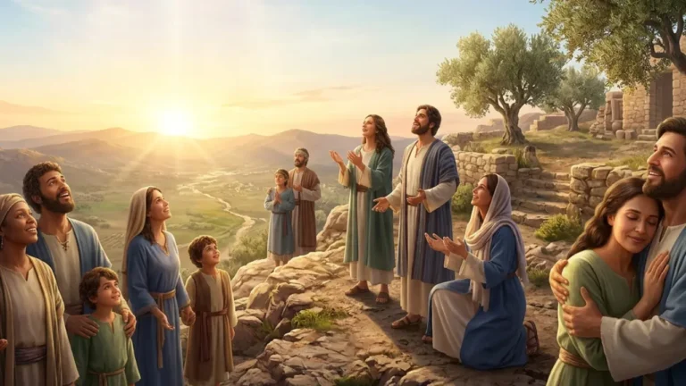 A cinematic, realistic 16:9 illustration of a diverse group of biblical families and individuals standing atop a rugged hill at sunrise, looking up toward a brilliant beam of divine light breaking through the clouds