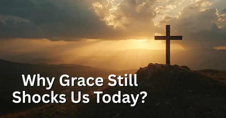 A glowing cross on a hill at sunrise, symbolizing God’s grace breaking through darkness and rewriting human stories