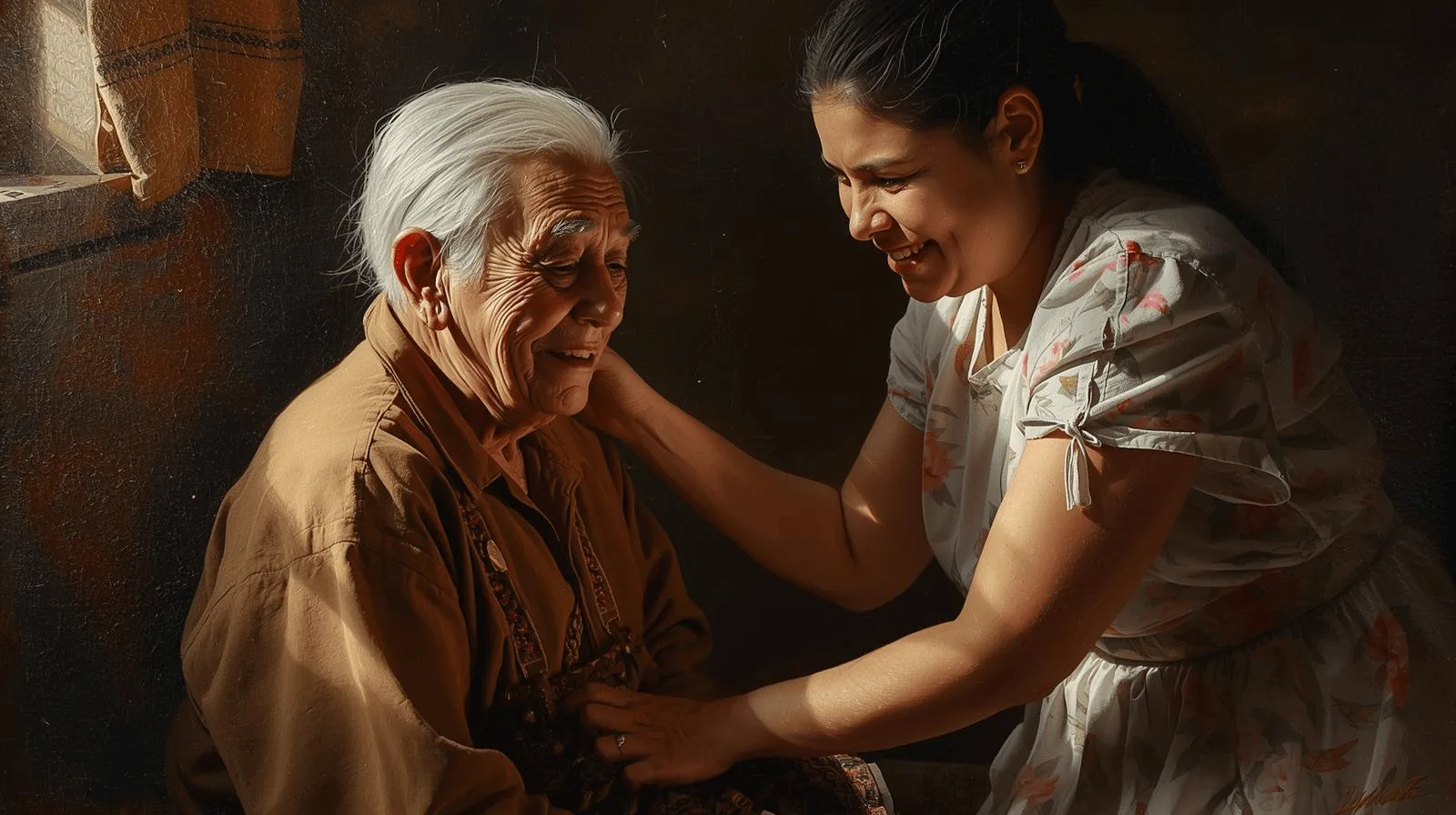 Adult child helping elderly parents, living out biblical command to honour them