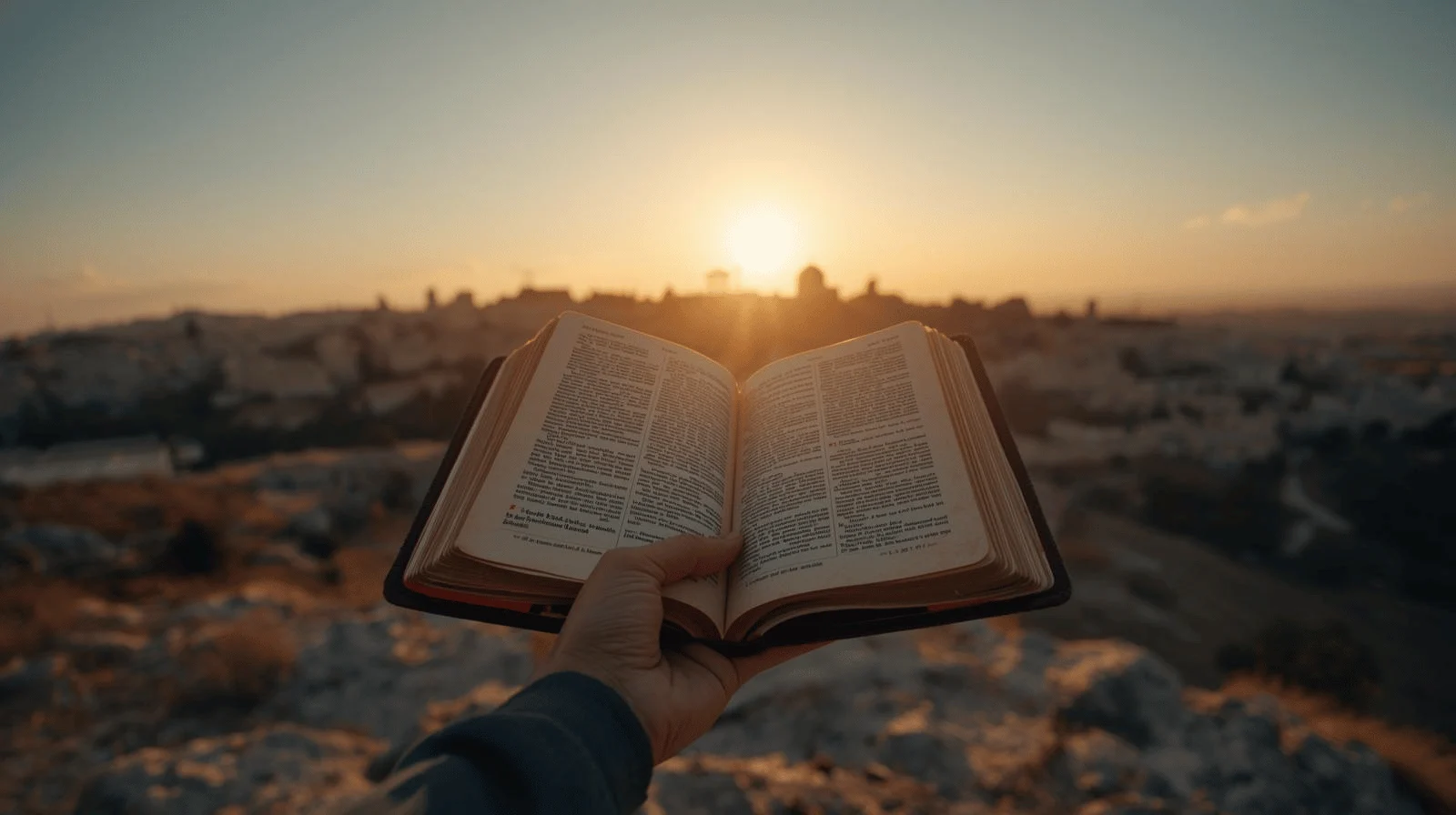 Man reading Bible with Jerusalem city view in background