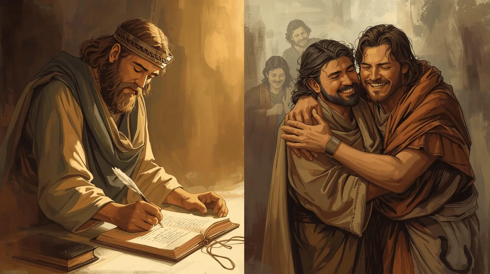 Artistic illustration of King David praying with a scroll and the prodigal son embraced by his father, symbolizing biblical repentance