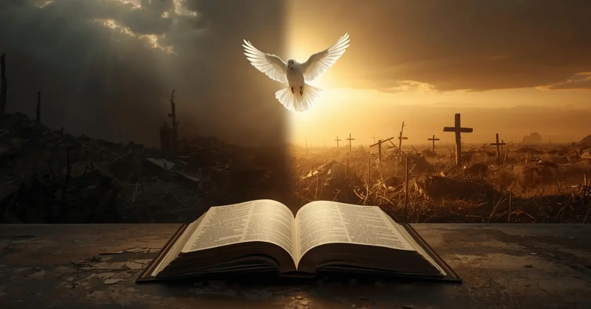 Open Bible with a dove of peace above, symbolizing God’s message of peace in times of war