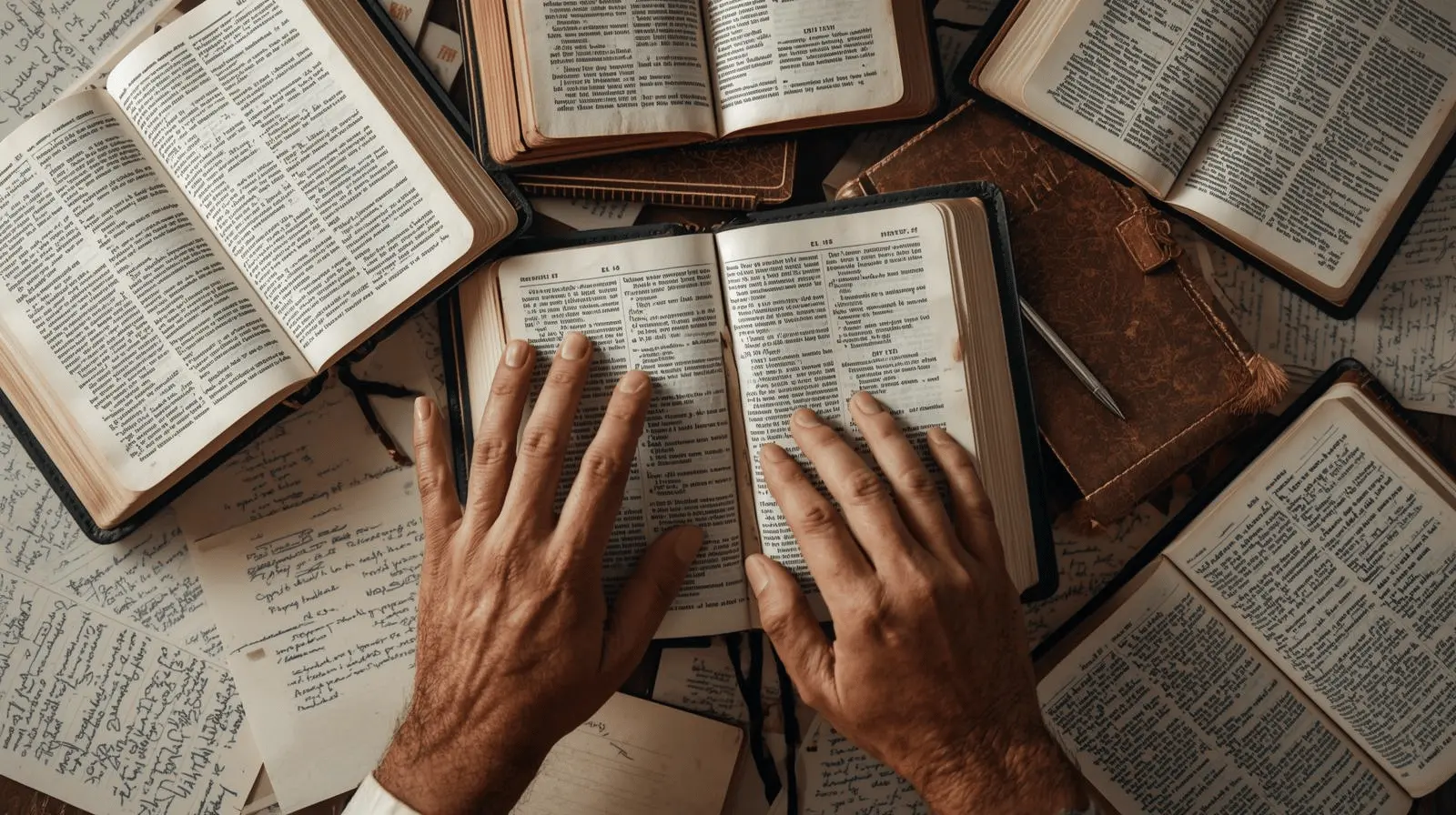 Several Bible versions spread out on a table for study