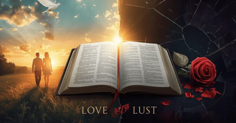 Christian artwork showing the contrast between true biblical love and destructive lust with open Bible, light and shadow