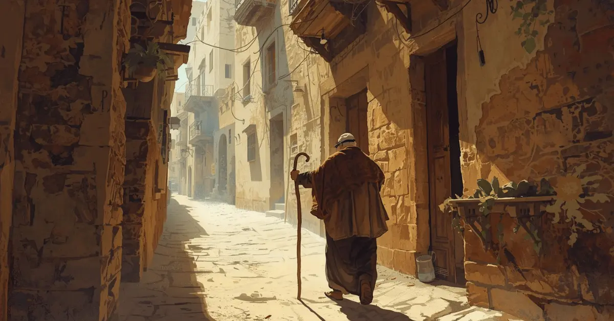 Ancient depiction of a blind man being guided in the marketplace, symbolizing blindness in antiquity