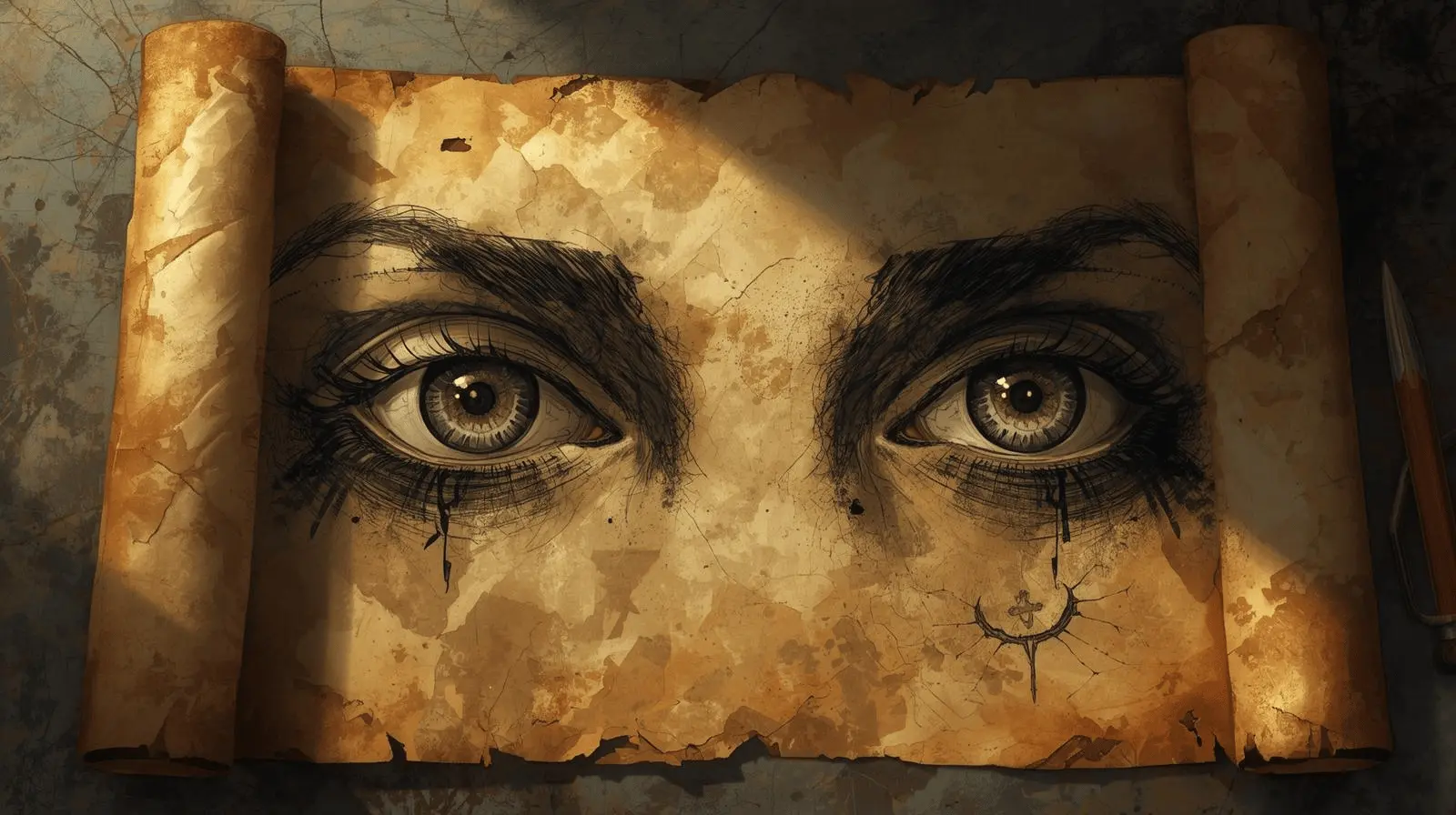 Scrolls and ancient symbols representing blindness as ignorance and divine punishment.