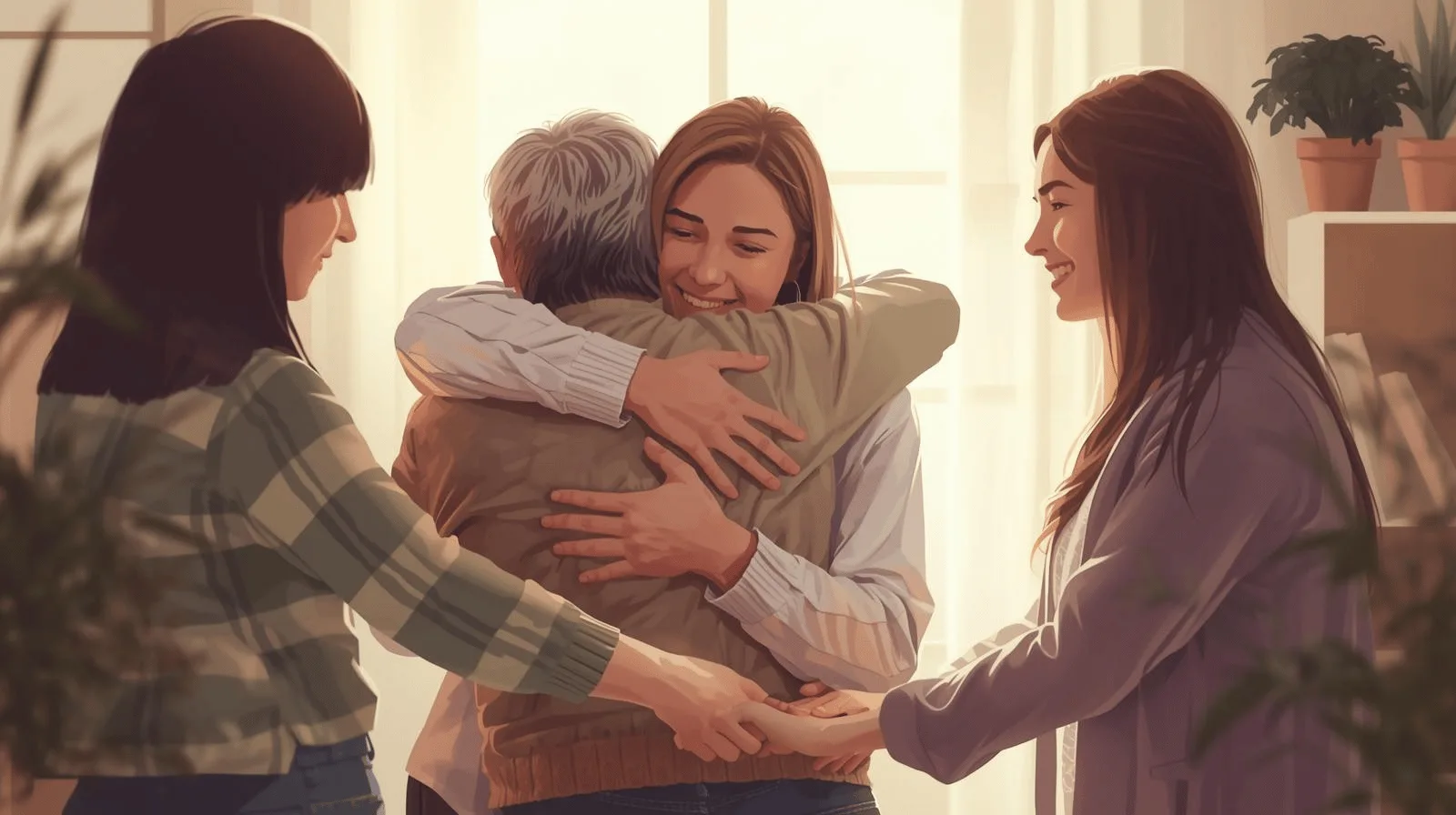 Child hugging parents, symbolizing respect and love in the biblical command to honour father and mother