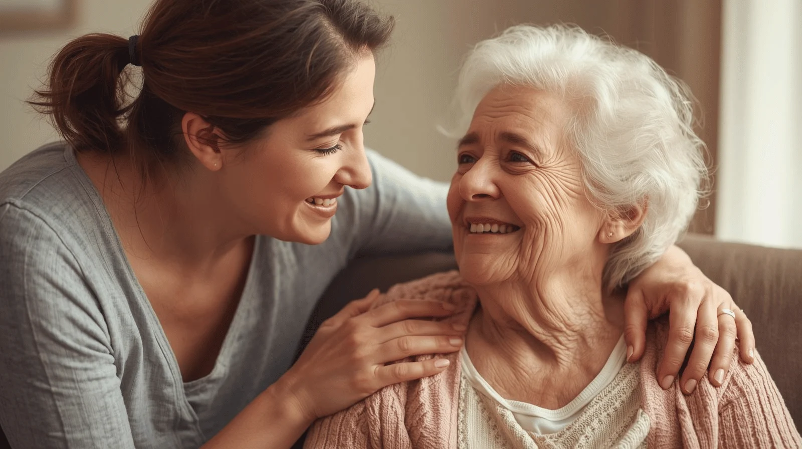 Adult child helping elderly mother with daily tasks