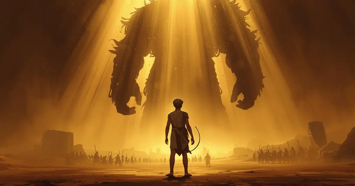 David standing with a sling facing Goliath, symbolizing faith over fear.