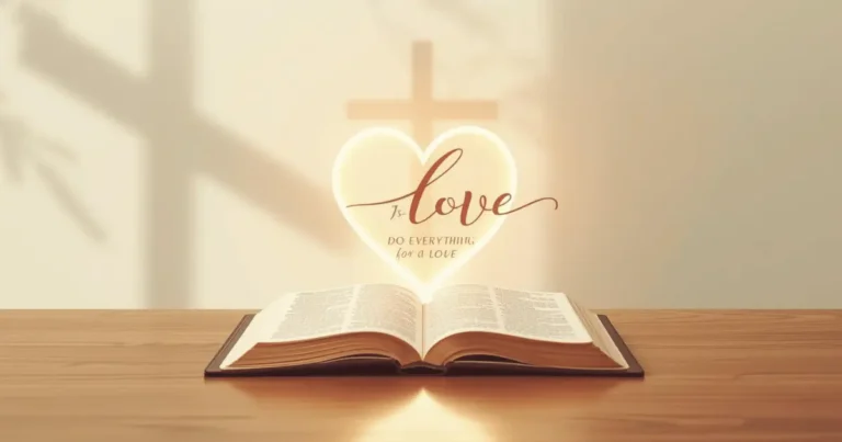 Illustration of 1 Corinthians 16:14 Bible verse “Do everything in love” with cross and heart symbol