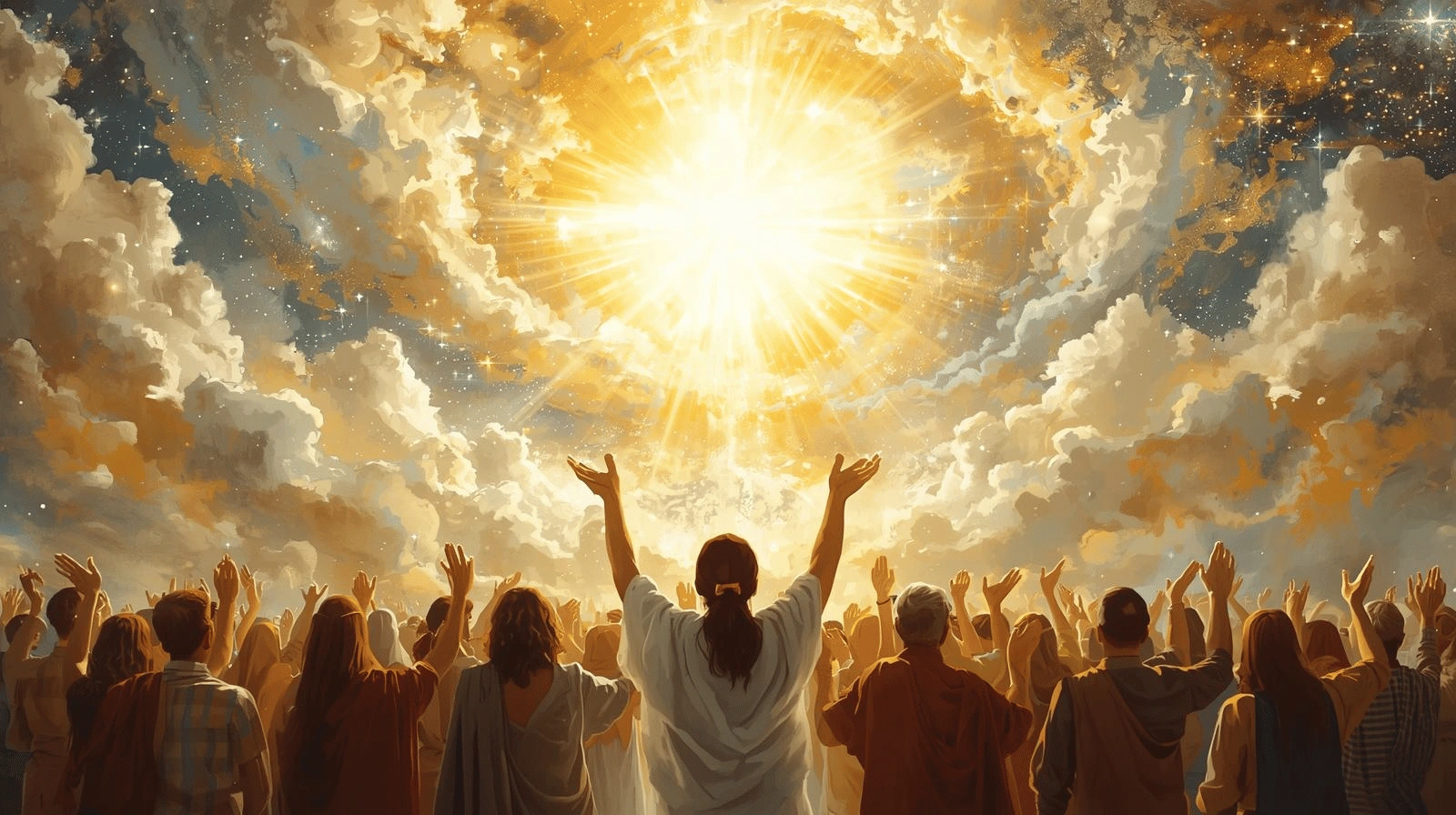 Heavenly scene with people worshipping together, representing eternal praise before God