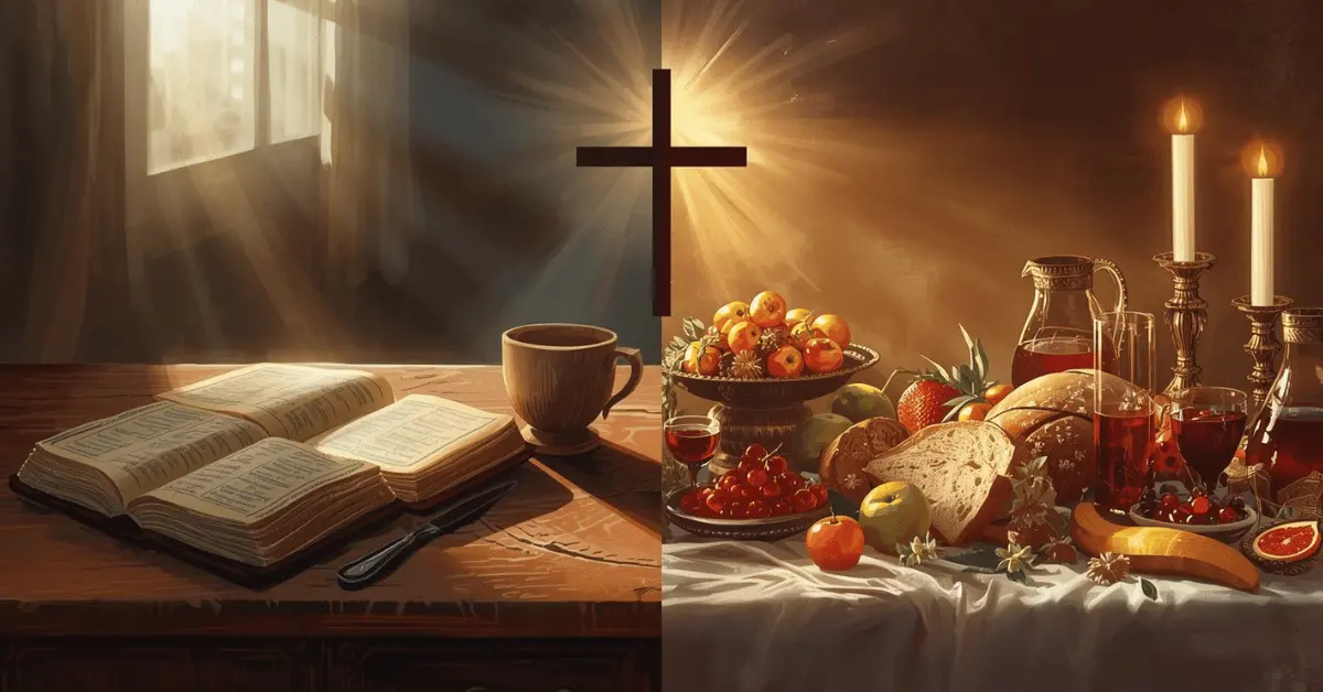 Biblical contrast of fasting and feasting with open Bible, empty plate, and feast table symbolizing spiritual discipline and celebration