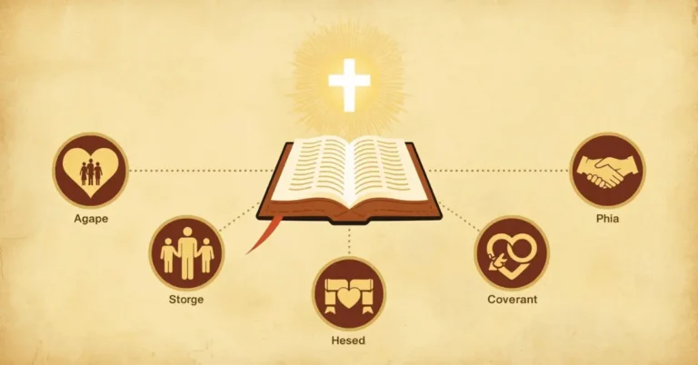 image of five types of biblical love represented with symbols for faith, family, friendship, marriage, and God’s covenant