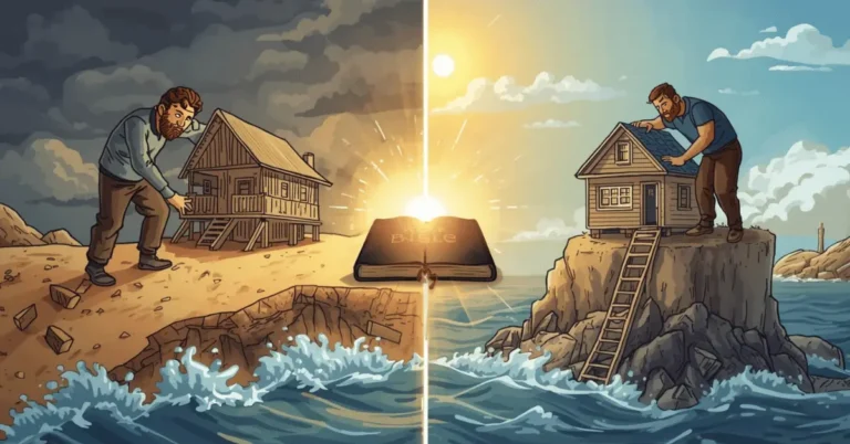 image of a wise man building on rock and a foolish man building on sand, symbolizing biblical wisdom versus foolishness