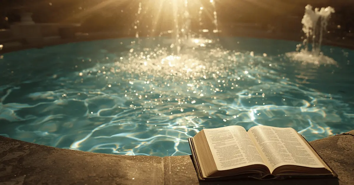 A glowing fountain of water surrounded by light rays symbolizing divine righteousness