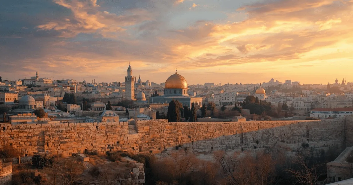 Jerusalem city skyline with the Temple Mount at sunset