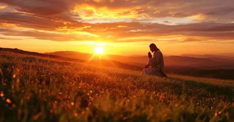 Jesus praying alone at sunrise in a peaceful landscape