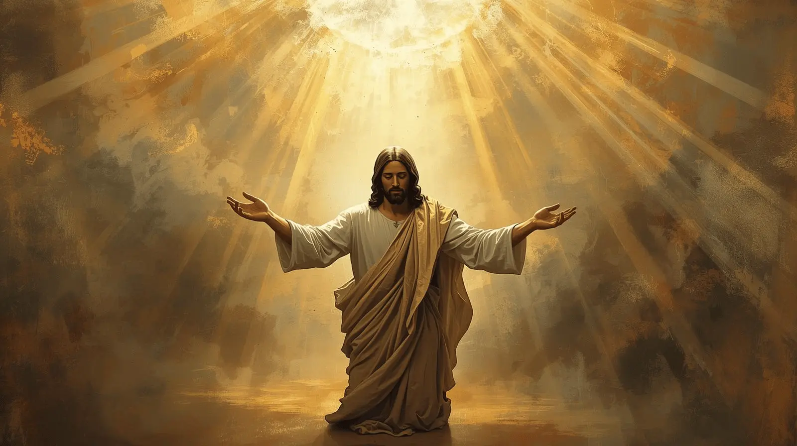 Jesus praying with uplifted hands during the morning sunrise
