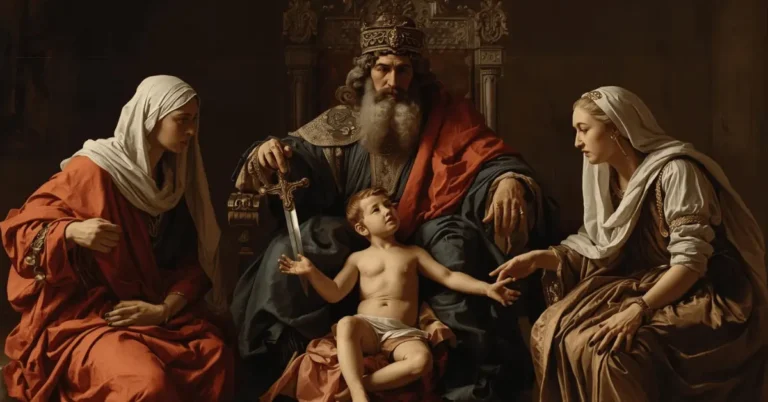Painting-style depiction of King Solomon’s judgment with two mothers and a child, symbolizing wisdom and discernment in decision-making