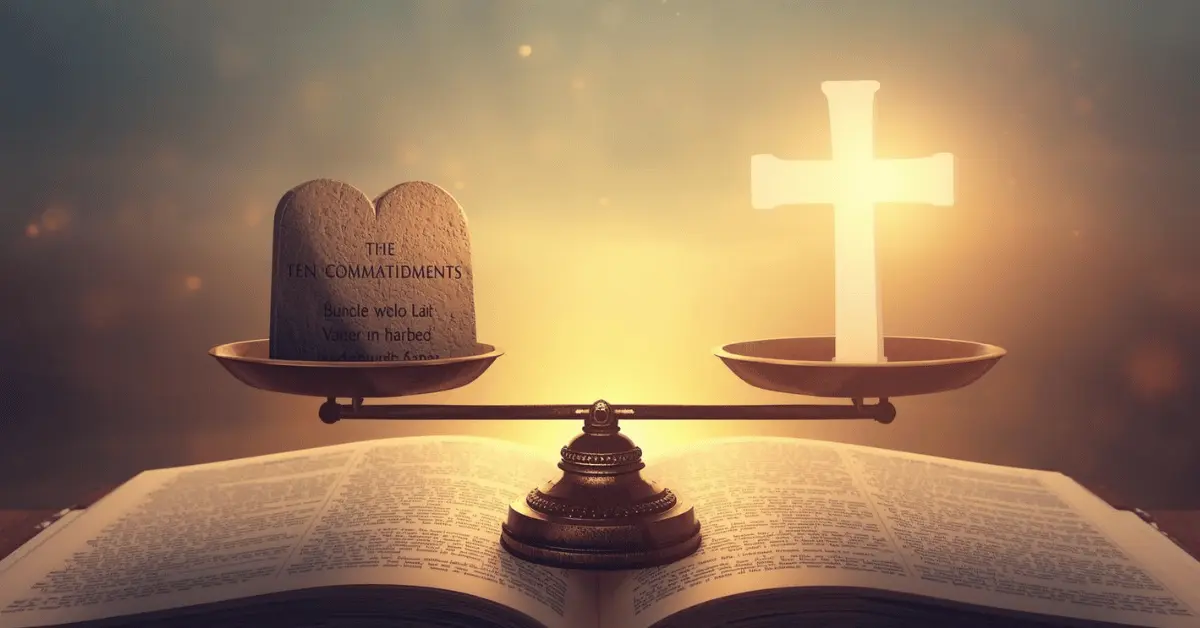 Scales of justice balanced between stone tablets of the Ten Commandments and a glowing cross, symbolizing the balance of law and grace in the Bible.