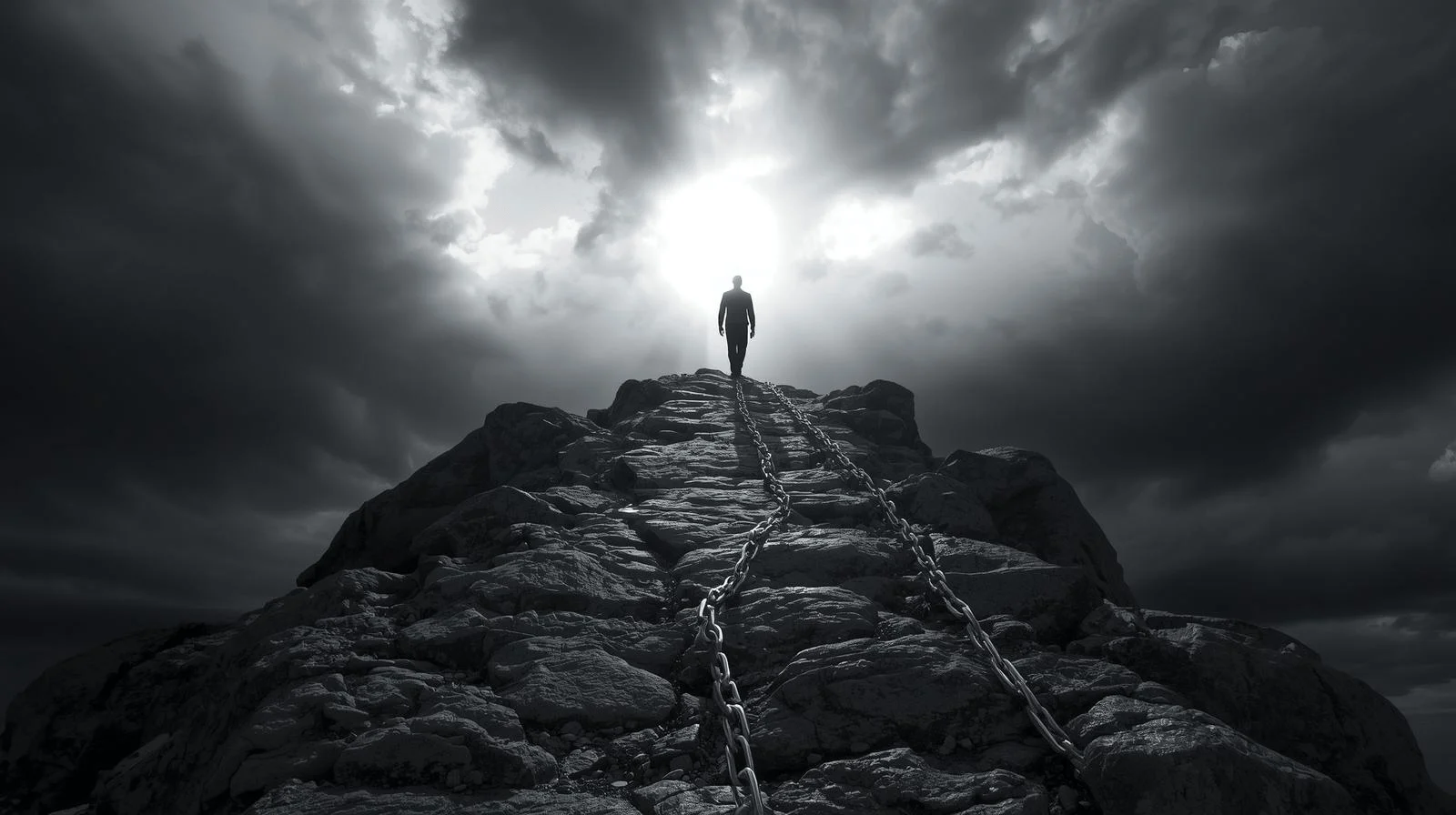 Symbolic image of a person walking up a steep path toward light, representing victory over guilt, pride, and sin through repentance
