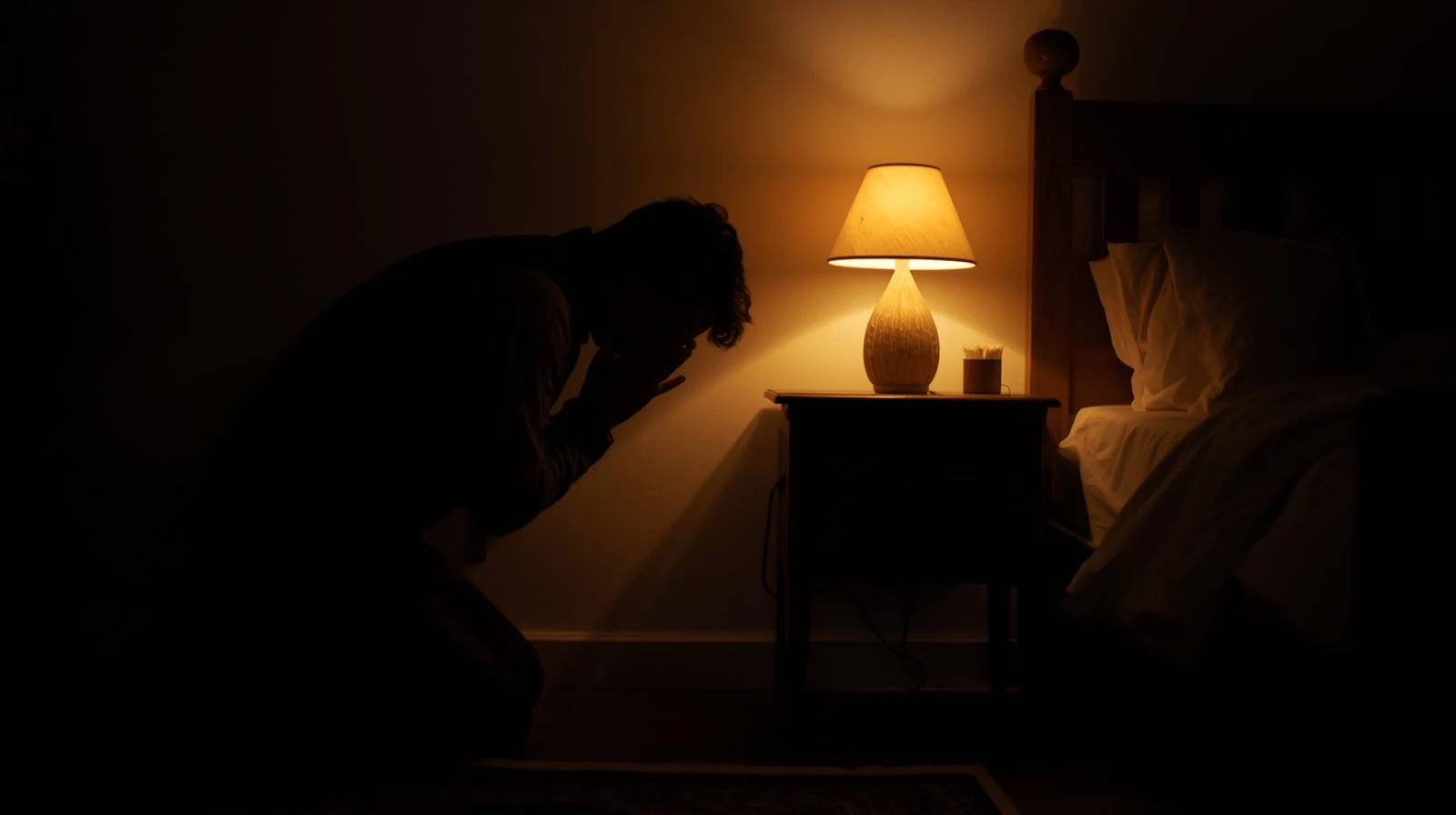 Individual praying alone, asking God for strength to honour parents despite difficulty